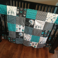 Wild and Free Baby Boy Bedding in turquoise, black and gray with a modern boho tribal theme with dream catchers, little chief, and feathers
