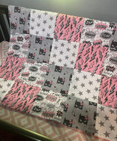 Made to Order Baby Girl Super Hero Crib Bedding in Pink, Gray and White with superhero print stripes including masks, city sky scene