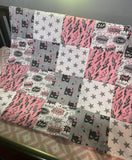 Made to Order Baby Girl Super Hero Crib Bedding in Pink, Gray and White with superhero print stripes including masks, city sky scene