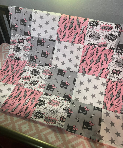 Made to Order Baby Girl Super Hero Crib Bedding in Pink, Gray and White with superhero print stripes including masks, city sky scene