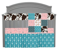 Custom Made to Order Baby Boy Bedding with a Western Cowgirl theme in pink and turquoise with cow Hyde minky, paisley, and arrows