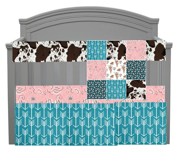 Custom Made to Order Baby Boy Bedding with a Western Cowgirl theme in pink and turquoise with cow Hyde minky, paisley, and arrows
