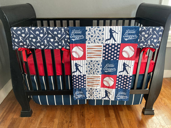 Baby Boy Baseball Crib Bedding Set in navy and red, with classic baseball stripes - crib sheet, skirt, Minky blanket, baseball nursery decor