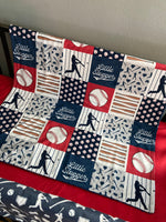 Baby Boy Baseball Crib Bedding Set in navy and red, with classic baseball stripes - crib sheet, skirt, Minky blanket, baseball nursery decor