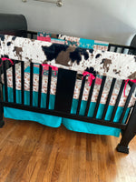Baby Girl Crib Bedding Set, western cowgirl nursery decor in pink and turquoise, horses, serape, cow hide, patchwork blanket, skirt, sheet