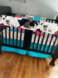 Baby Girl Crib Bedding Set, western cowgirl nursery decor in pink and turquoise, horses, serape, cow hide, patchwork blanket, skirt, sheet