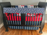 Baby Boy Baseball Crib Bedding Set in navy and red, with classic baseball stripes - crib sheet, skirt, Minky blanket, baseball nursery decor
