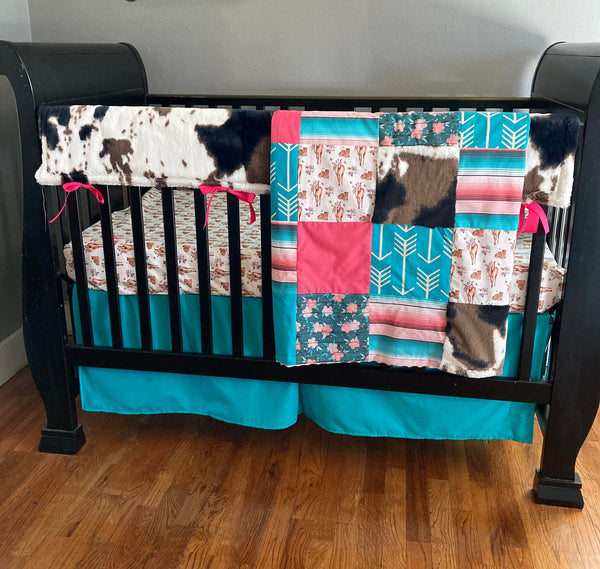 Baby Girl Crib Bedding Set, western cowgirl nursery decor in pink and turquoise, horses, serape, cow hide, patchwork blanket, skirt, sheet