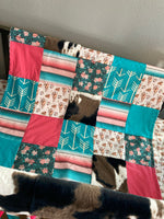 Baby Girl Crib Bedding Set, western cowgirl nursery decor in pink and turquoise, horses, serape, cow hide, patchwork blanket, skirt, sheet