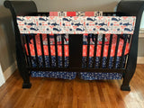 Custom Made to Order Baby Girl Bedding in Coral, Navy and Gray with a nautical theme with fish, anchors, and whales and sharks
