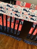 Custom Made to Order Baby Girl Bedding in Coral, Navy and Gray with a nautical theme with fish, anchors, and whales and sharks