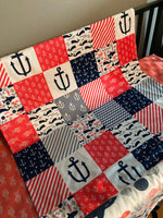 Custom Made to Order Baby Girl Bedding in Coral, Navy and Gray with a nautical theme with fish, anchors, and whales and sharks