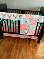Made to Order Baby Girl Bedding set in coral and mint with a woodland boho theme with floral deer, Aztec prints, and floral arrows