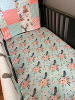 Made to Order Baby Girl Bedding set in coral and mint with a woodland boho theme with floral deer, Aztec prints, and floral arrows
