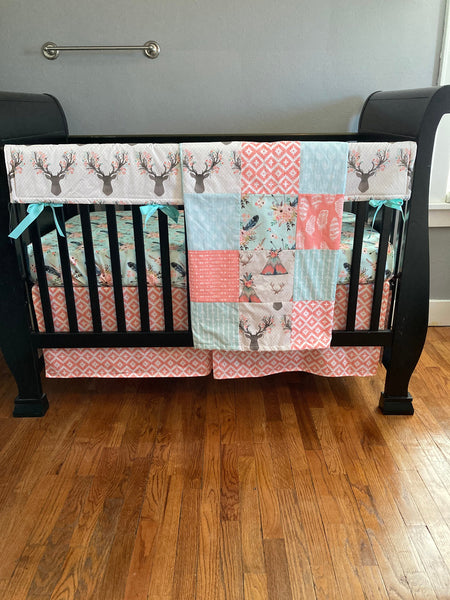 Made to Order Baby Girl Bedding set in coral and mint with a woodland boho theme with floral deer, Aztec prints, and floral arrows