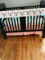 Made to Order Baby Girl Bedding set in coral and mint with a woodland boho theme with floral deer, Aztec prints, and floral arrows