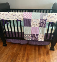 Made to Order Baby Girl Bedding in purple, lilac and light mint with floral horses, Aztec prints, arrows and feathers
