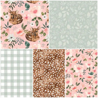 Custom Baby Girl Crib Bedding Set with a floral woodland theme in pink and mint with fawns, flowers, gingham plaid and deer hide prints