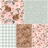 Custom Baby Girl Crib Bedding Set with a floral woodland theme in pink and mint with fawns, flowers, gingham plaid and deer hide prints