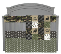 Custom Made to Order Baby Boy Bedding with a. Woodland hunting theme with camouflage and deer, in green, tan, brown and black with