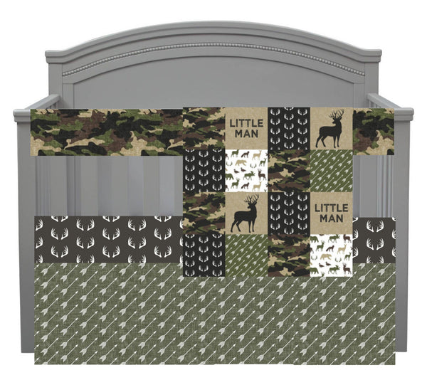 Custom Made to Order Baby Boy Bedding with a. Woodland hunting theme with camouflage and deer, in green, tan, brown and black with