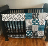 Custom Made to Order Baby Bedding in black, white and dark teal with a modern woodland theme with bears, wild and free, arrows and Aztec