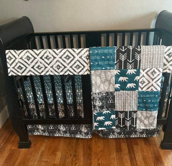 Custom Made to Order Baby Bedding in black, white and dark teal with a modern woodland theme with bears, wild and free, arrows and Aztec