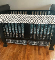 Custom Made to Order Baby Bedding in black, white and dark teal with a modern woodland theme with bears, wild and free, arrows and Aztec