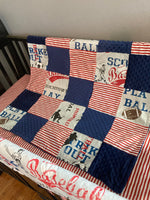 Baby Boy Crib Bedding Set, Sports theme with baseball, soccer and football fabric, in navy and red, minky backed blanket, baby shower gift