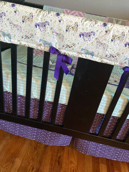 Made to Order Baby Girl Bedding in purple, lilac and light mint with floral horses, Aztec prints, arrows and feathers