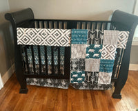 Custom Made to Order Baby Bedding in black, white and dark teal with a modern woodland theme with bears, wild and free, arrows and Aztec