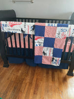 Baby Boy Crib Bedding Set, Sports theme with baseball, soccer and football fabric, in navy and red, minky backed blanket, baby shower gift