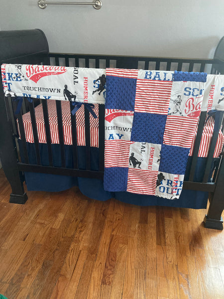 Baby Boy Crib Bedding Set, Sports theme with baseball, soccer and football fabric, in navy and red, minky backed blanket, baby shower gift
