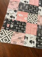 Buffalo Baby Girl Bedding Set in pink and black, bison, aztec, wild fabrics, mono chrome crib bedding set, minky blanket baby shower gift