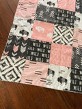 Buffalo Baby Girl Bedding Set in pink and black, bison, aztec, wild fabrics, mono chrome crib bedding set, minky blanket baby shower gift