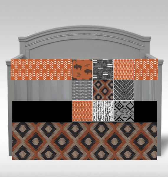 Modern Boho Crib Bedding Set in rust orange, black, gray, Bohemian Nursery with buffalo, skirt, crib sheet,
