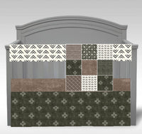 Neutral Boho Baby Bedding in brown and green earth tones, mud cloth nursery crib bedding set, gender neutral, custom made to order