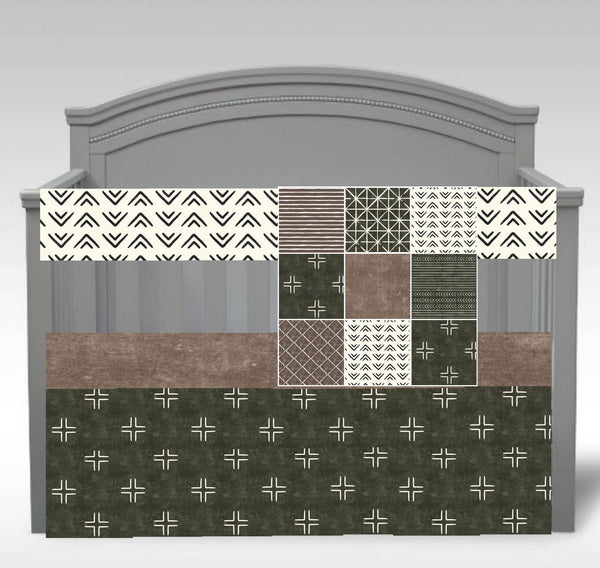 Neutral Boho Baby Bedding in brown and green earth tones, mud cloth nursery crib bedding set, gender neutral, custom made to order