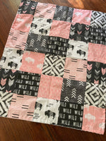 Buffalo Baby Girl Bedding Set in pink and black, bison, aztec, wild fabrics, mono chrome crib bedding set, minky blanket baby shower gift