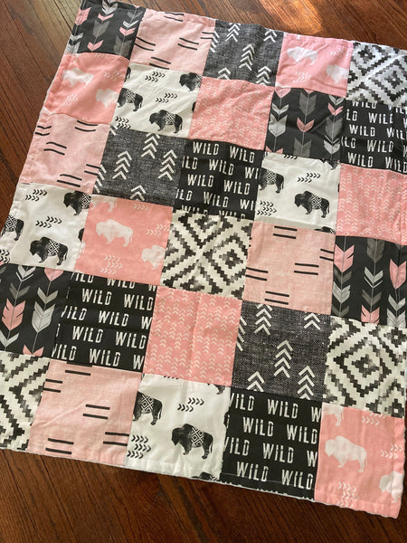Buffalo Baby Girl Bedding Set in pink and black, bison, aztec, wild fabrics, mono chrome crib bedding set, minky blanket baby shower gift