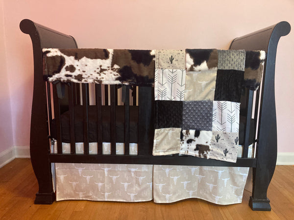 Cactus Baby Bedding in Neutral Earth Tones of black, gray and tan with boho western fabrics of cowhide, cow skulls and minky dot