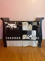 Cactus Baby Bedding in Neutral Earth Tones of black, gray and tan with boho western fabrics of cowhide, cow skulls and minky dot
