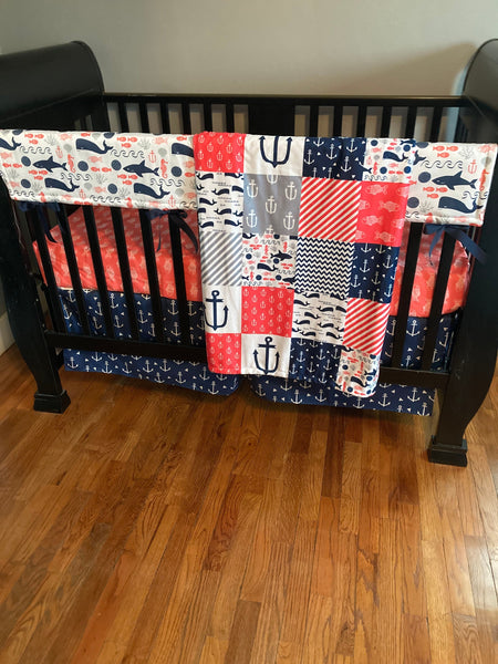 Custom Made to Order Baby Girl Bedding in Coral, Navy and Gray with a nautical theme with fish, anchors, and whales and sharks