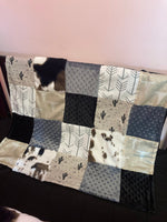 Cactus Baby Bedding in Neutral Earth Tones of black, gray and tan with boho western fabrics of cowhide, cow skulls and minky dot
