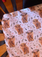 Made to Order Baby Girl Bedding in pink, mint and gold with highland cows, flowers, polka dot fabrics, farm crib bedding set