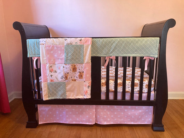 Made to Order Baby Girl Bedding in pink, mint and gold with highland cows, flowers, polka dot fabrics, farm crib bedding set