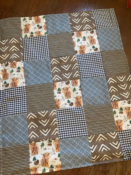 Custom Made to Order Baby Boy Bedding Set with farmhouse theme, highland cows, navy blue, dusty blue and brown, farmhouse nursery decor