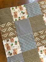 Custom Made to Order Baby Boy Bedding Set with farmhouse theme, highland cows, navy blue, dusty blue and brown, farmhouse nursery decor