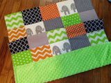 Patchwork Baby Blanket, navy, lime green, orange, Minky back, made to order, chevron & polka dot