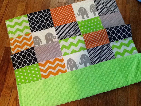 Patchwork Baby Blanket, navy, lime green, orange, Minky back, made to order, chevron & polka dot